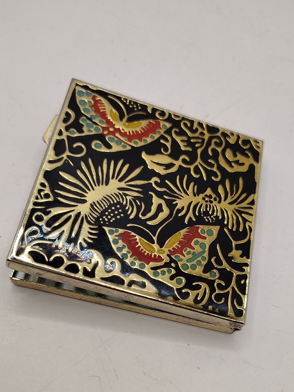 Vintage FONS Black And Gold Enamel Butterfly And Floral Motifs Compact Mirror